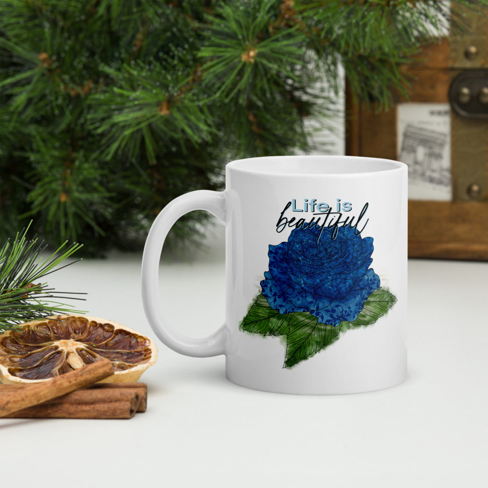 White Glossy Mug with Rose Design, Ceramic Coffee Mug, Customisable Mug, Tea Mug, Personalised Mug, Gift For Coffee Lovers