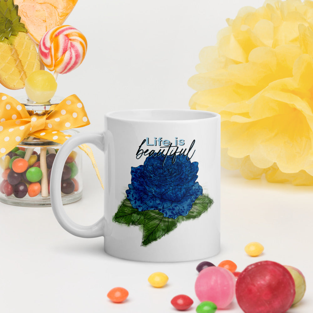 White Glossy Mug with Rose Design, Ceramic Coffee Mug, Customisable Mug, Tea Mug, Personalised Mug, Gift For Coffee Lovers