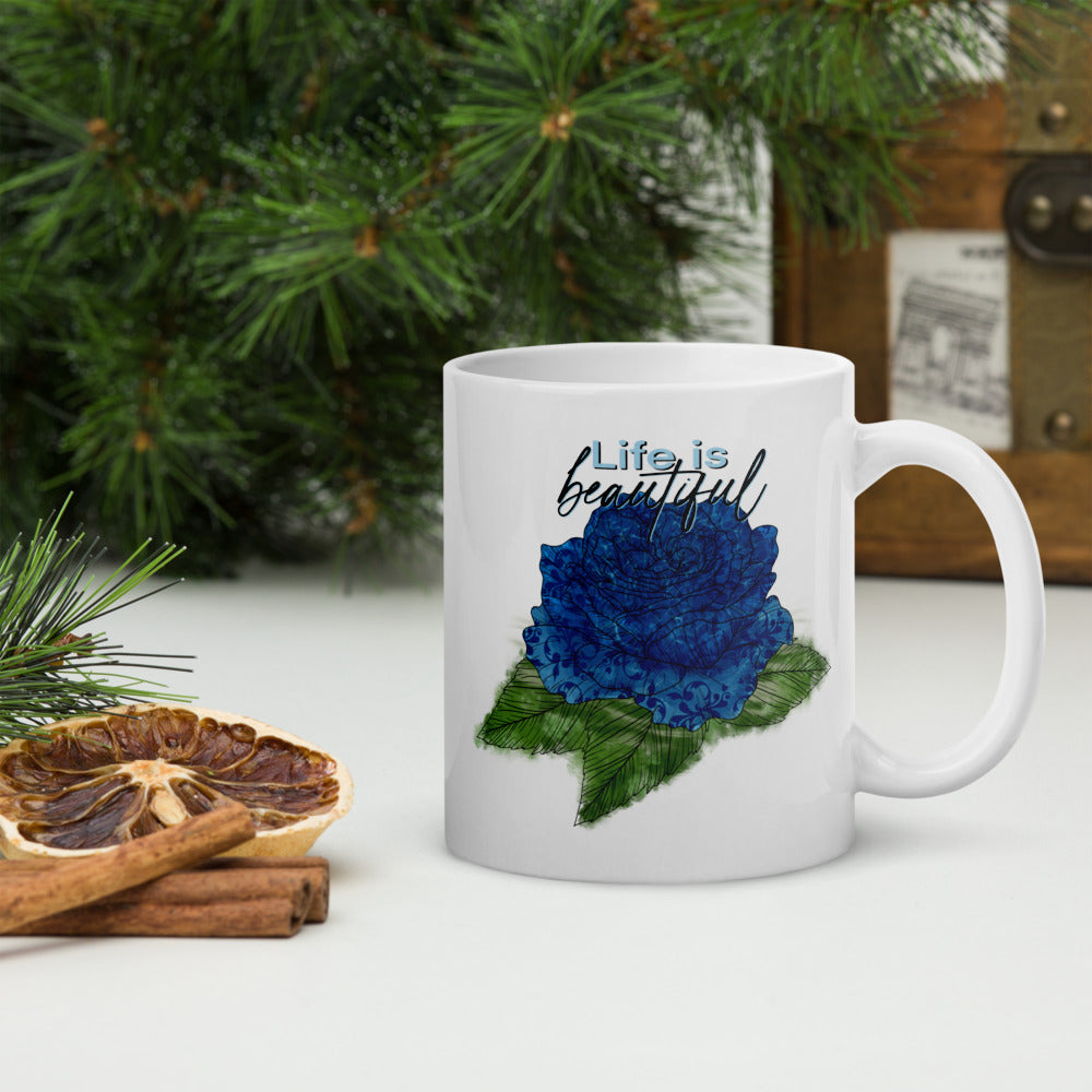 White Glossy Mug with Rose Design, Ceramic Coffee Mug, Customisable Mug, Tea Mug, Personalised Mug, Gift For Coffee Lovers