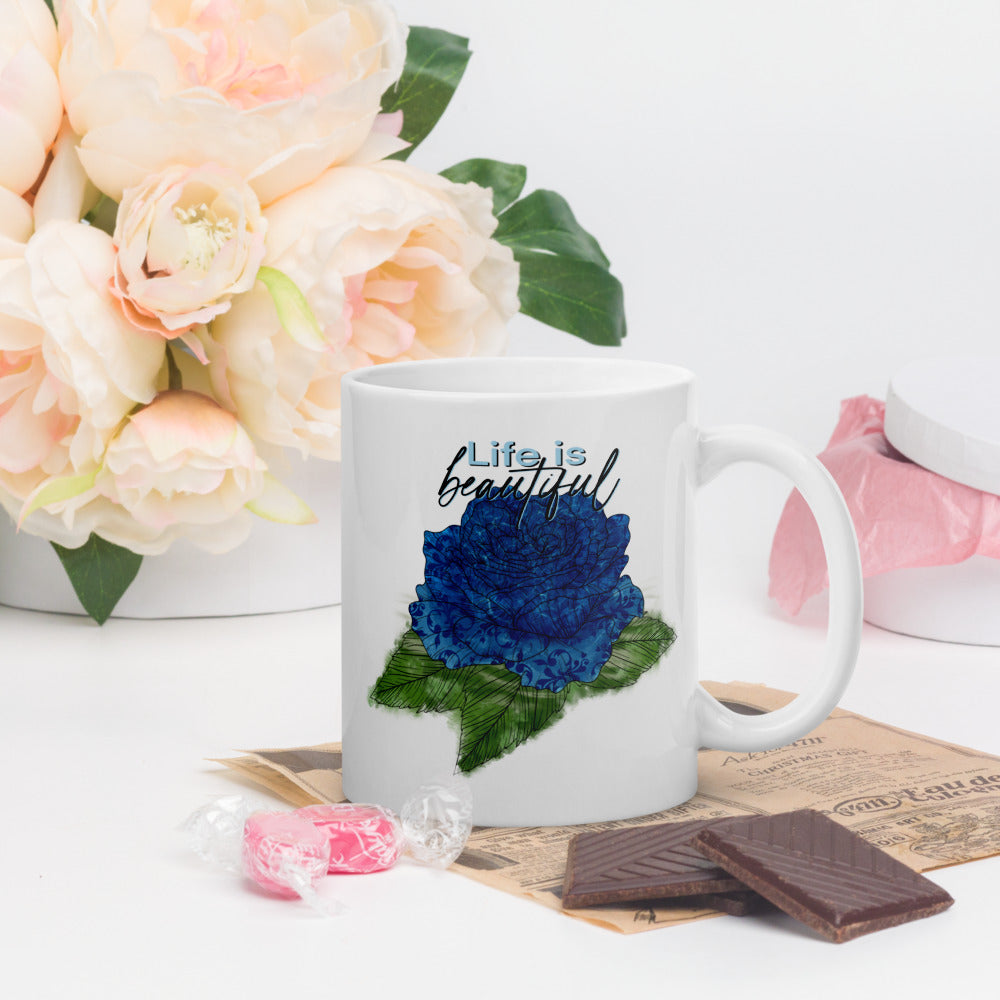 White Glossy Mug with Rose Design, Ceramic Coffee Mug, Customisable Mug, Tea Mug, Personalised Mug, Gift For Coffee Lovers