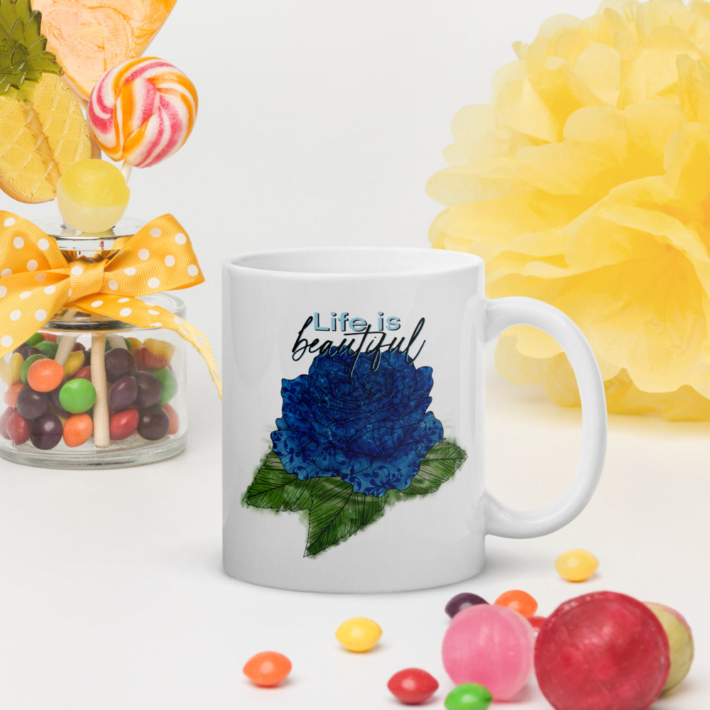 White Glossy Mug with Rose Design, Ceramic Coffee Mug, Customisable Mug, Tea Mug, Personalised Mug, Gift For Coffee Lovers