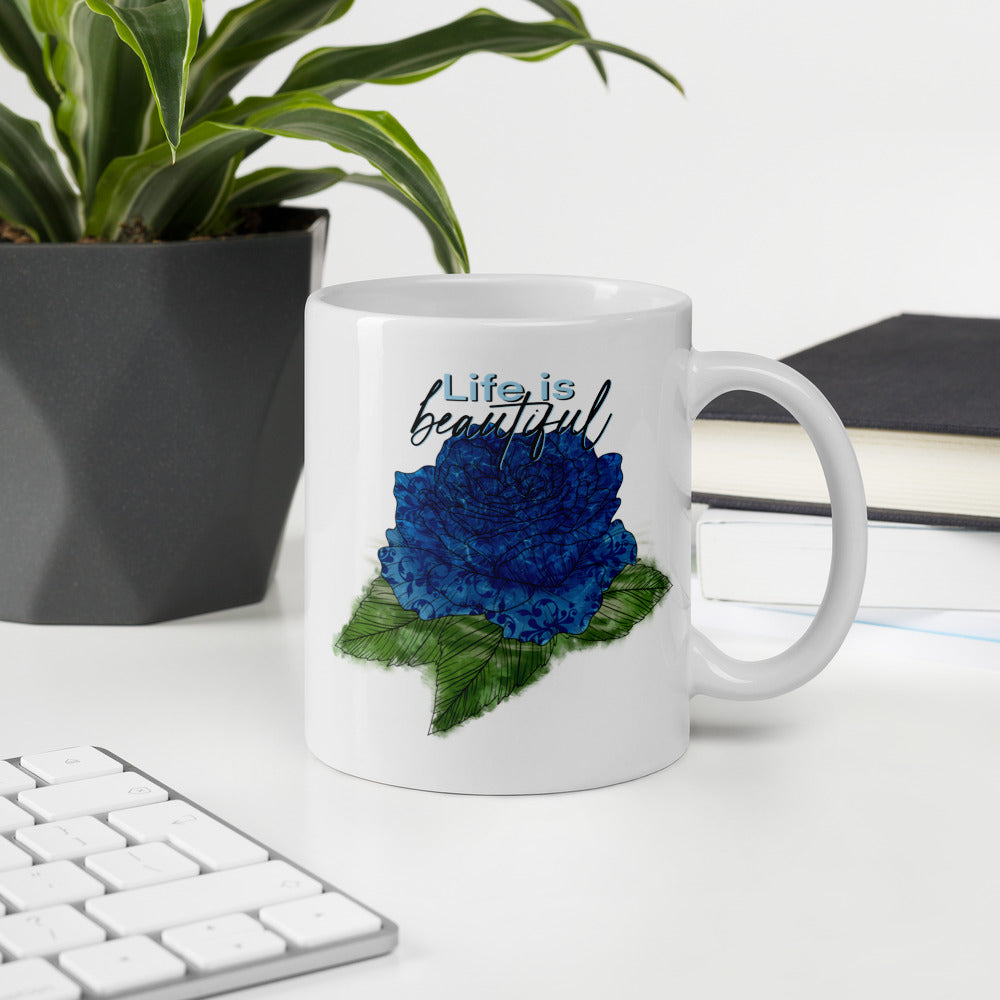 White Glossy Mug with Rose Design, Ceramic Coffee Mug, Customisable Mug, Tea Mug, Personalised Mug, Gift For Coffee Lovers