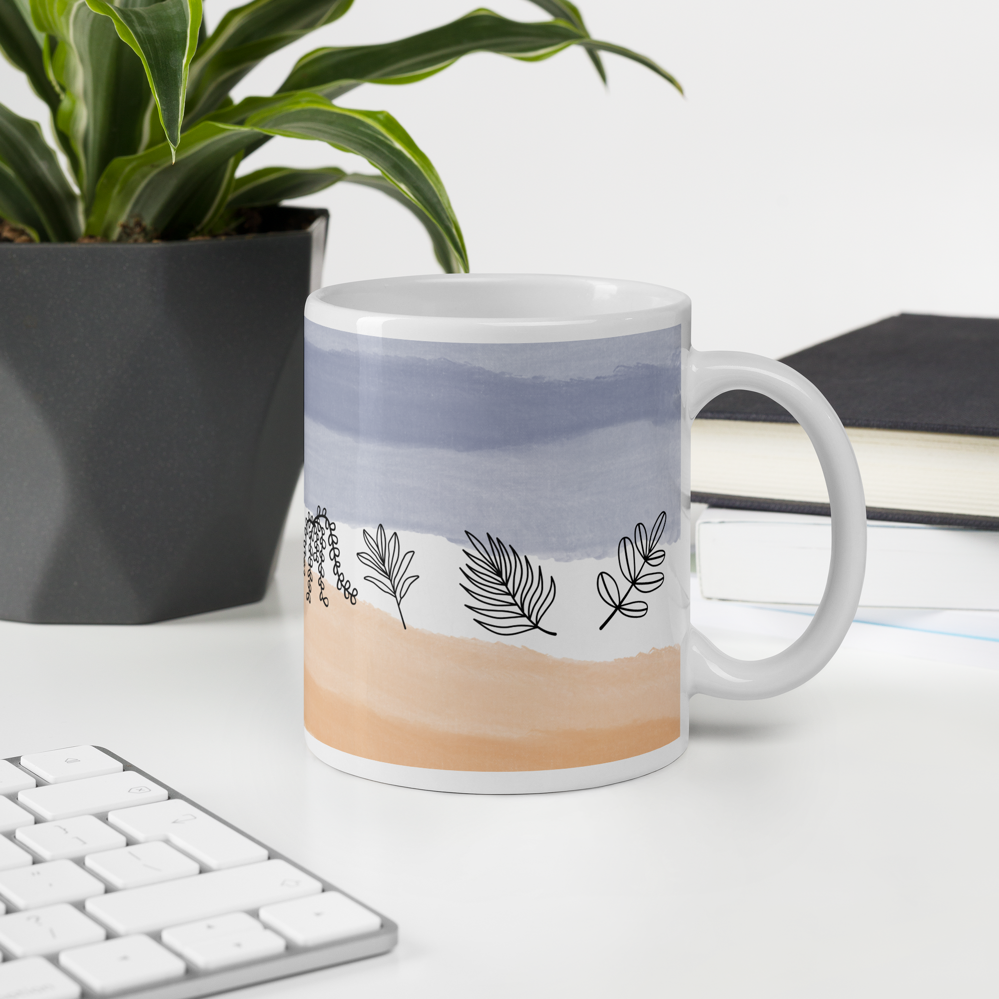 Glossy White Leaf Mug, Ceramic Coffee Mug, Tea Lover Cup, Customised Mug, White Mug Gift, Work from Home White Glossy Mug