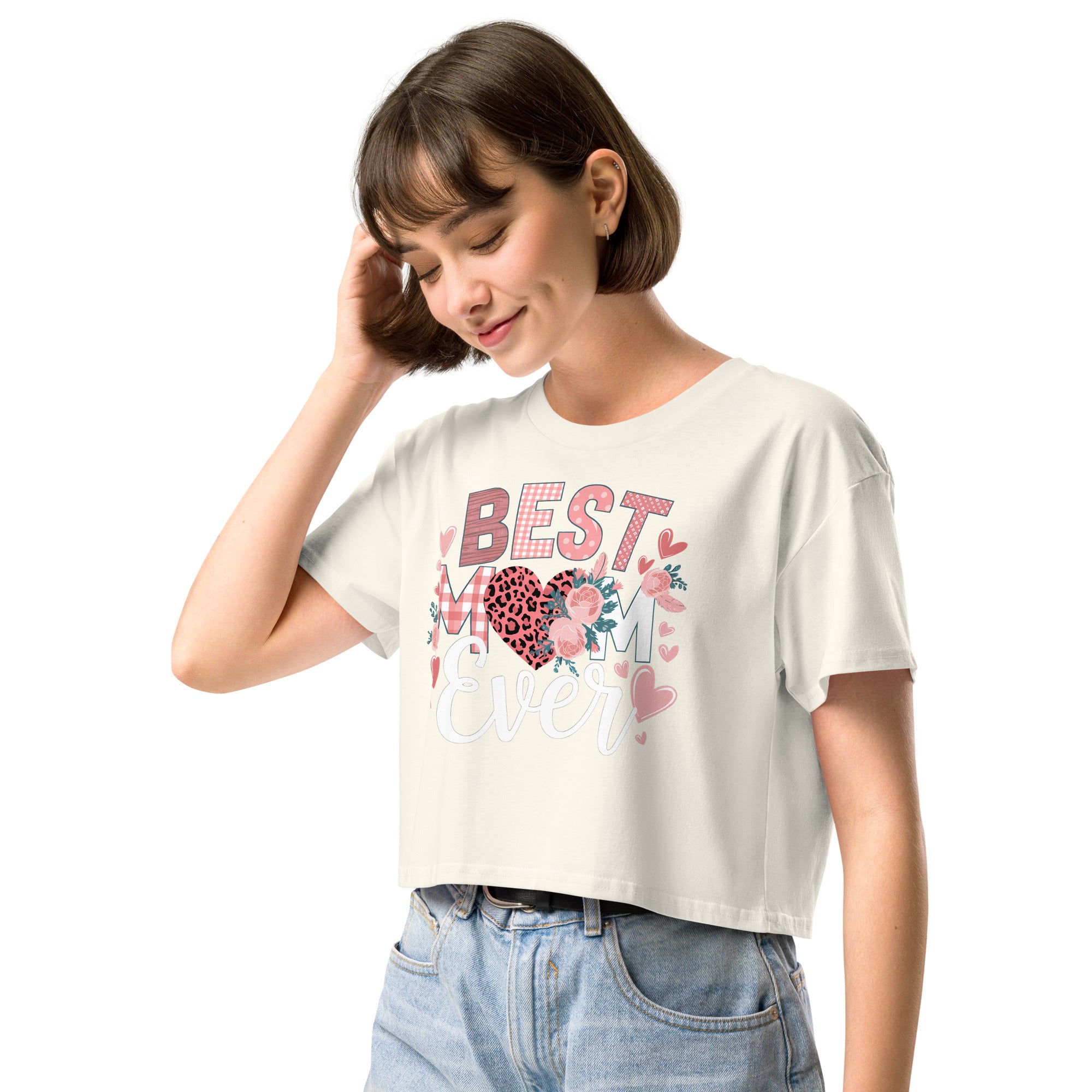 Woman wearing a natural t-shirt with 'Best Mum Ever' text and floral design on a white background