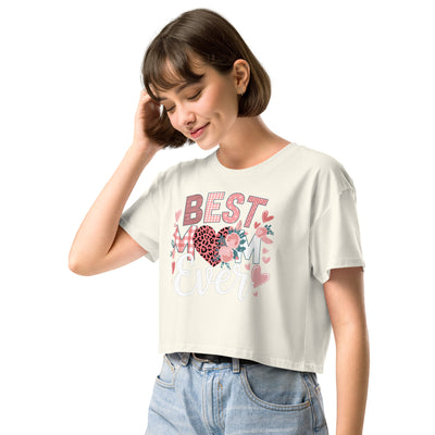 Woman wearing a natural t-shirt with 'Best Mum Ever' text and floral design on a white background
