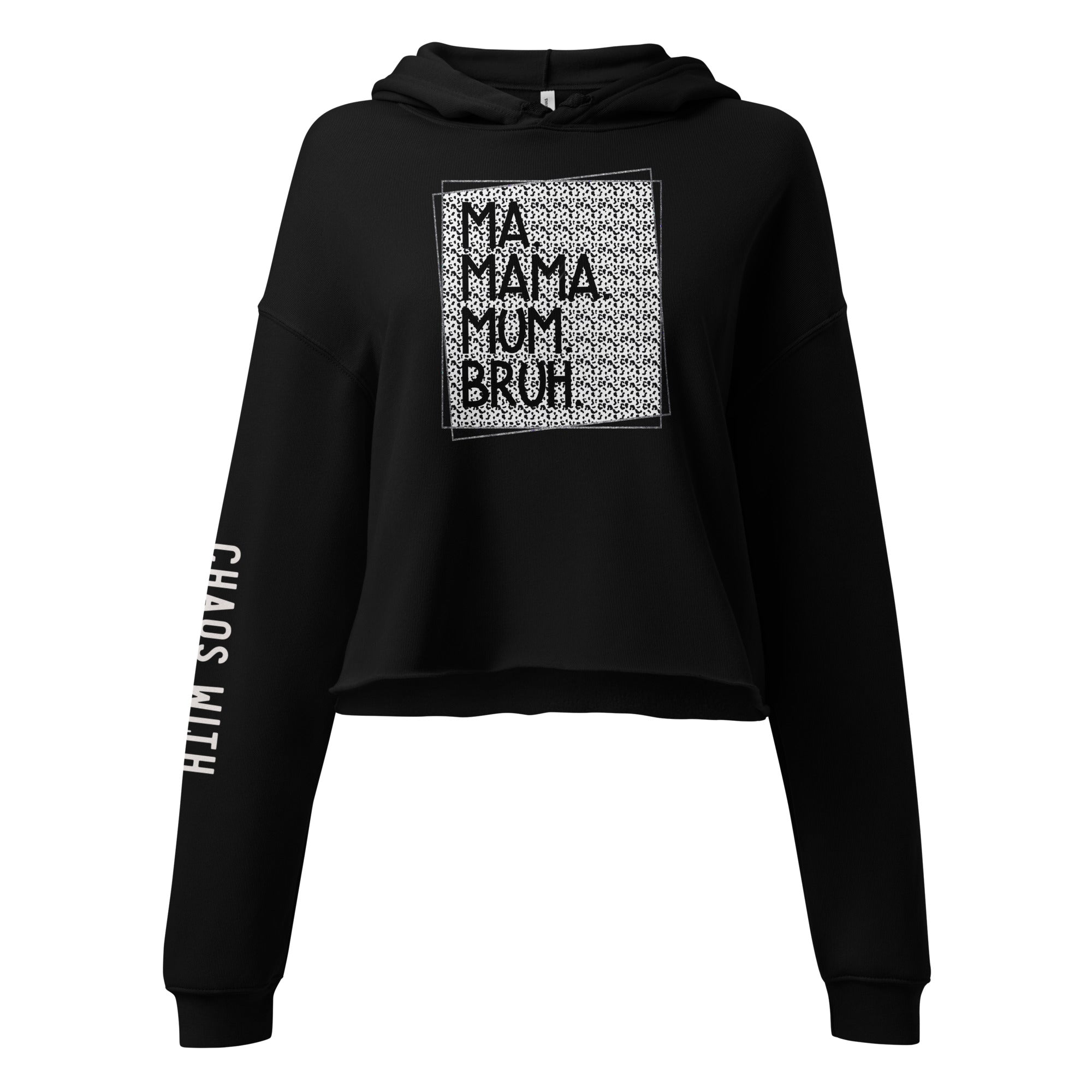 Black crop hoodie with text design on a white background