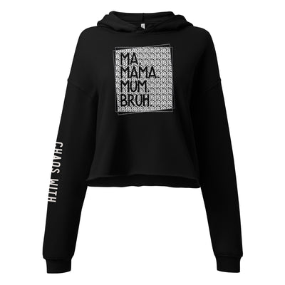 Black crop hoodie with text design on a white background
