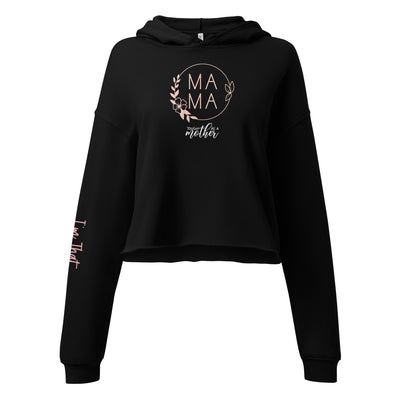Black crop hoodie with 'Mama' text and floral design on a white background