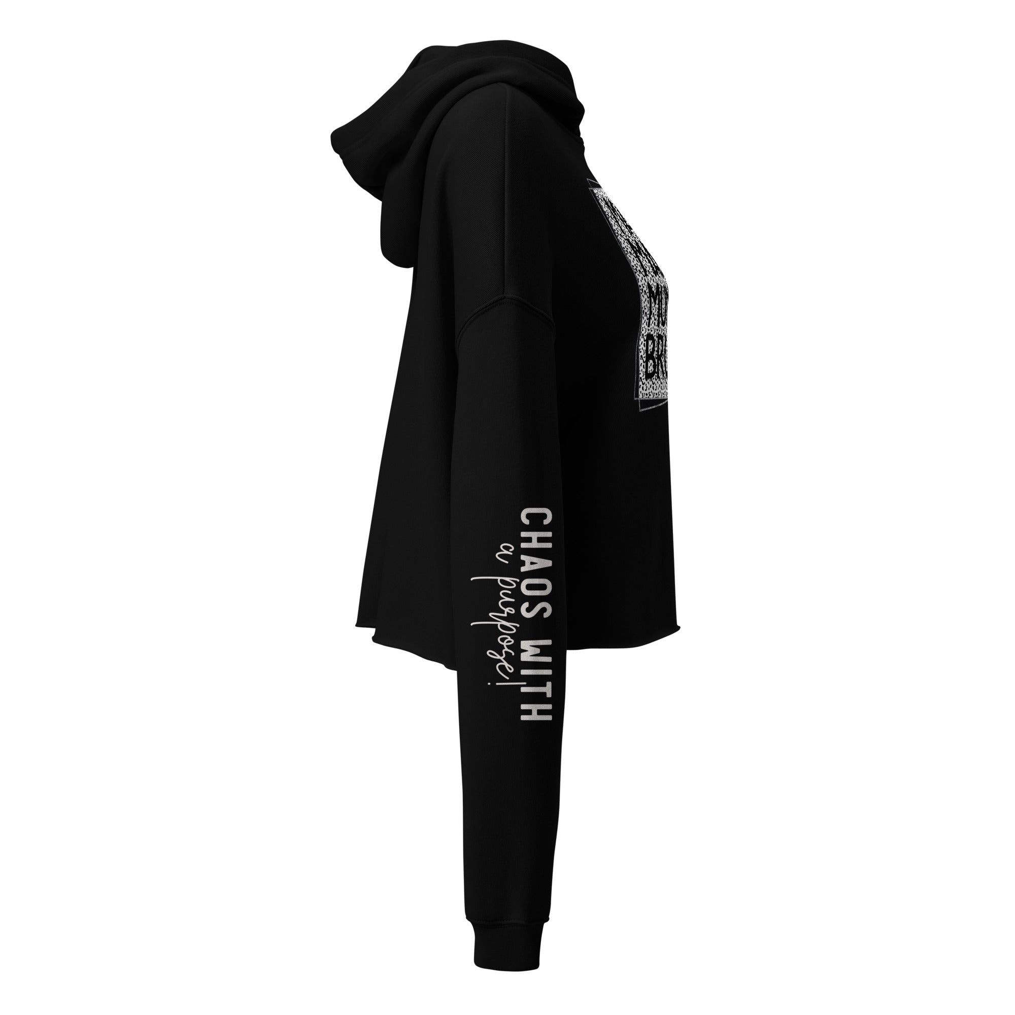 Black crop hoodie with sleeve text on a white background