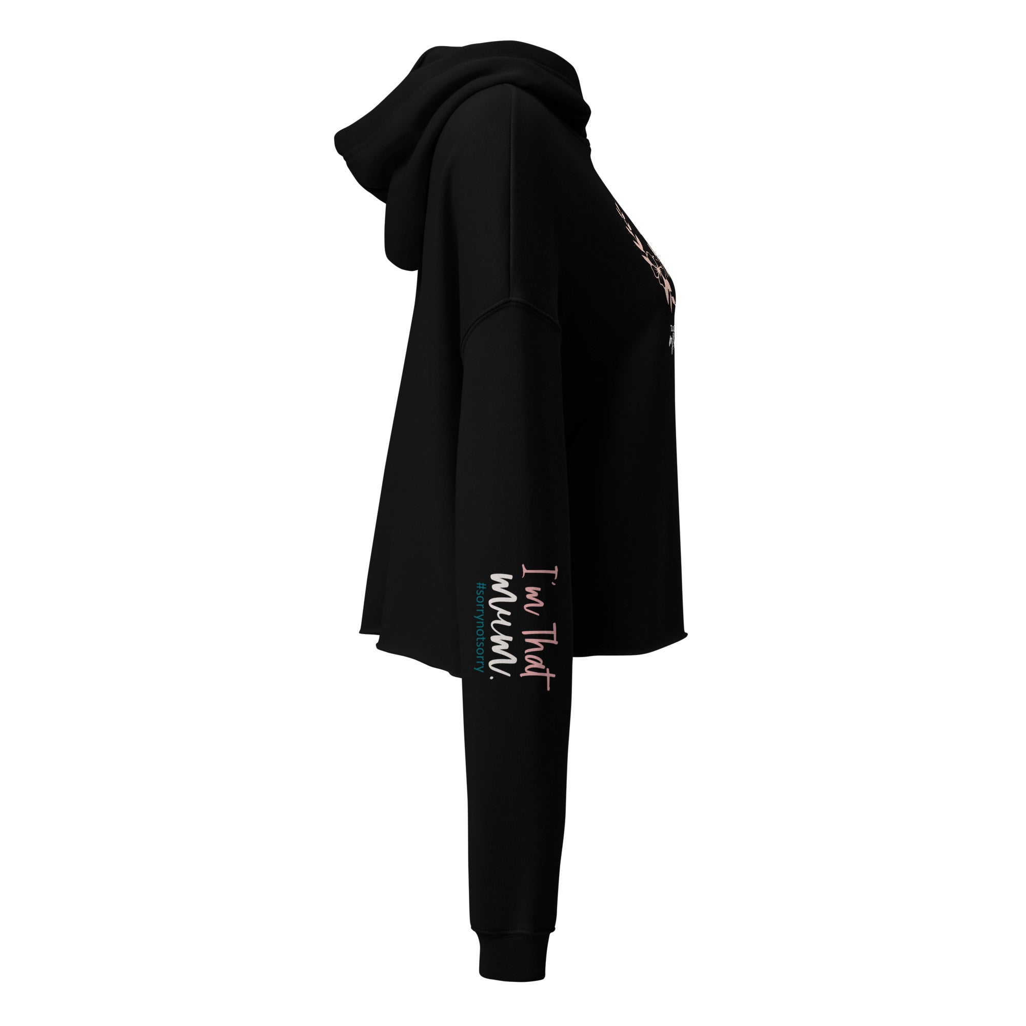 Black hoodie with text on sleeved on a white background