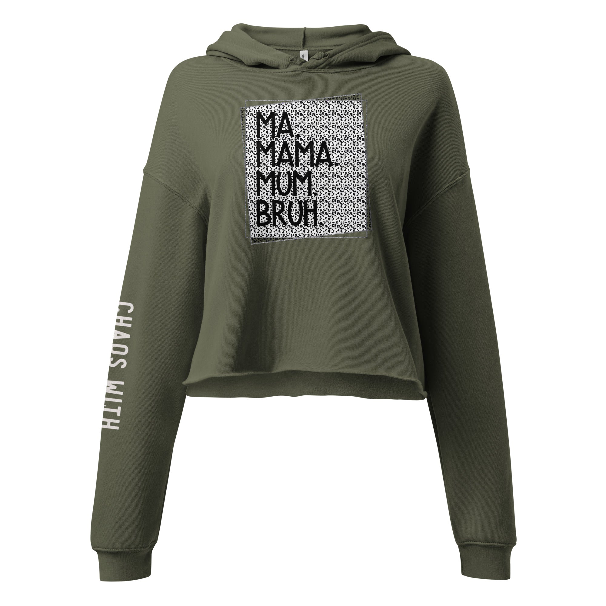 Green crop hoodie with text on the front and sleeve on a white background