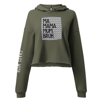 Green crop hoodie with text on the front and sleeve on a white background