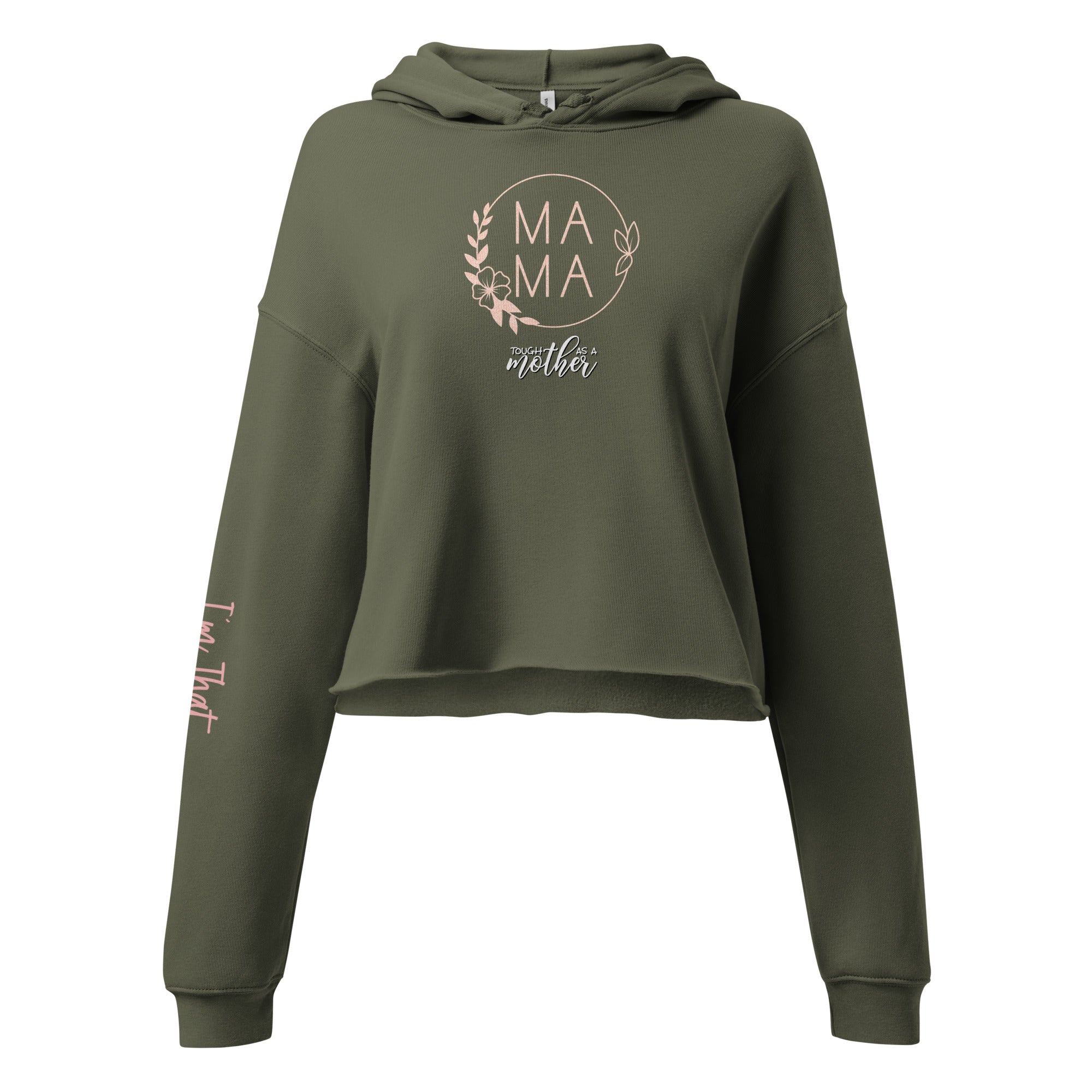 Green crop hoodie with 'MAMA' text on a white background