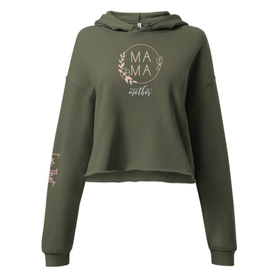 Green crop hoodie with 'MAMA' text on a white background