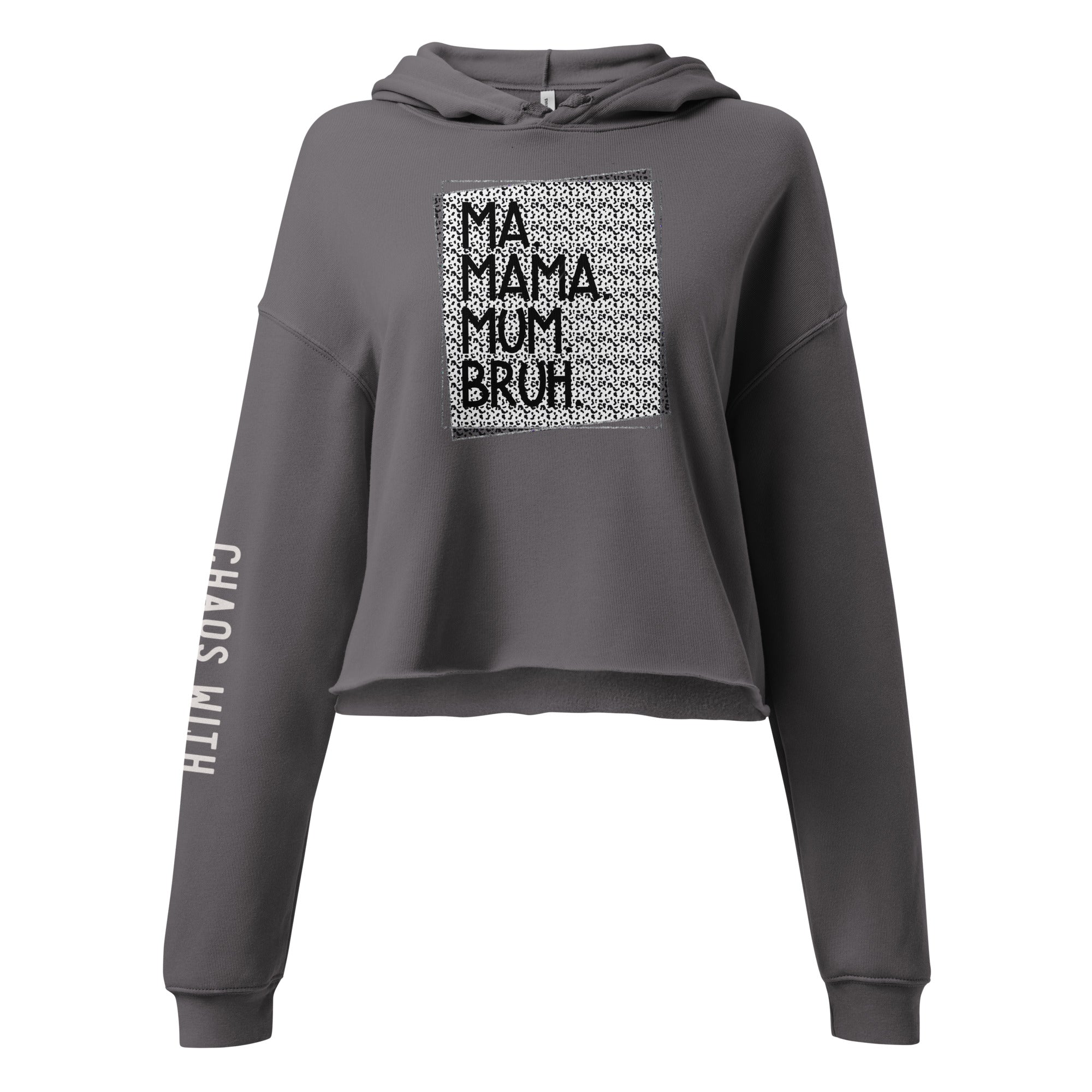 Gray hoodie with text design on a white background