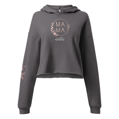 Grey crop hoodie with 'MAMA' text and floral design on a white background