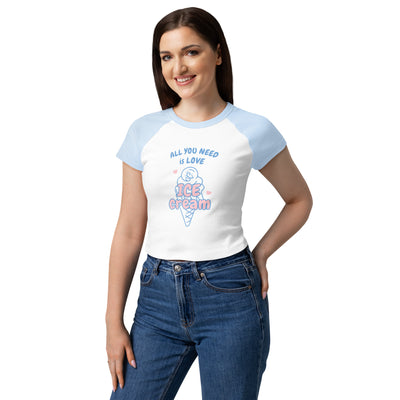 Woman wearing a white t-shirt with blue sleeves and ice cream-themed text on a white background