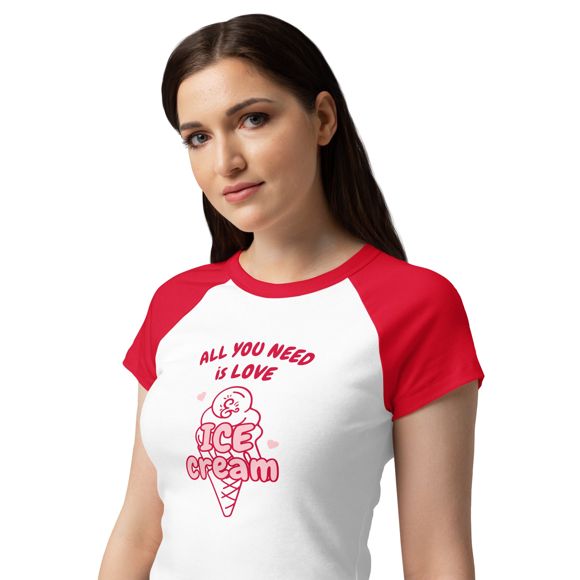 Woman wearing a red and white t-shirt with an ice cream cone design and text.