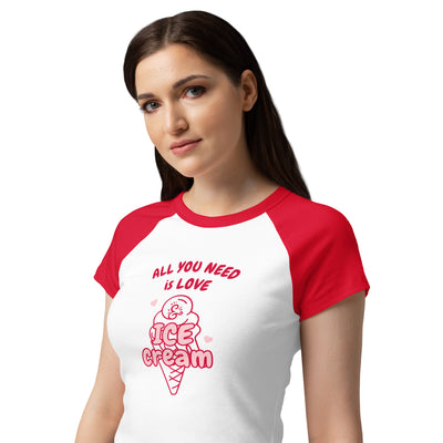 Woman wearing a red and white t-shirt with an ice cream cone design and text.
