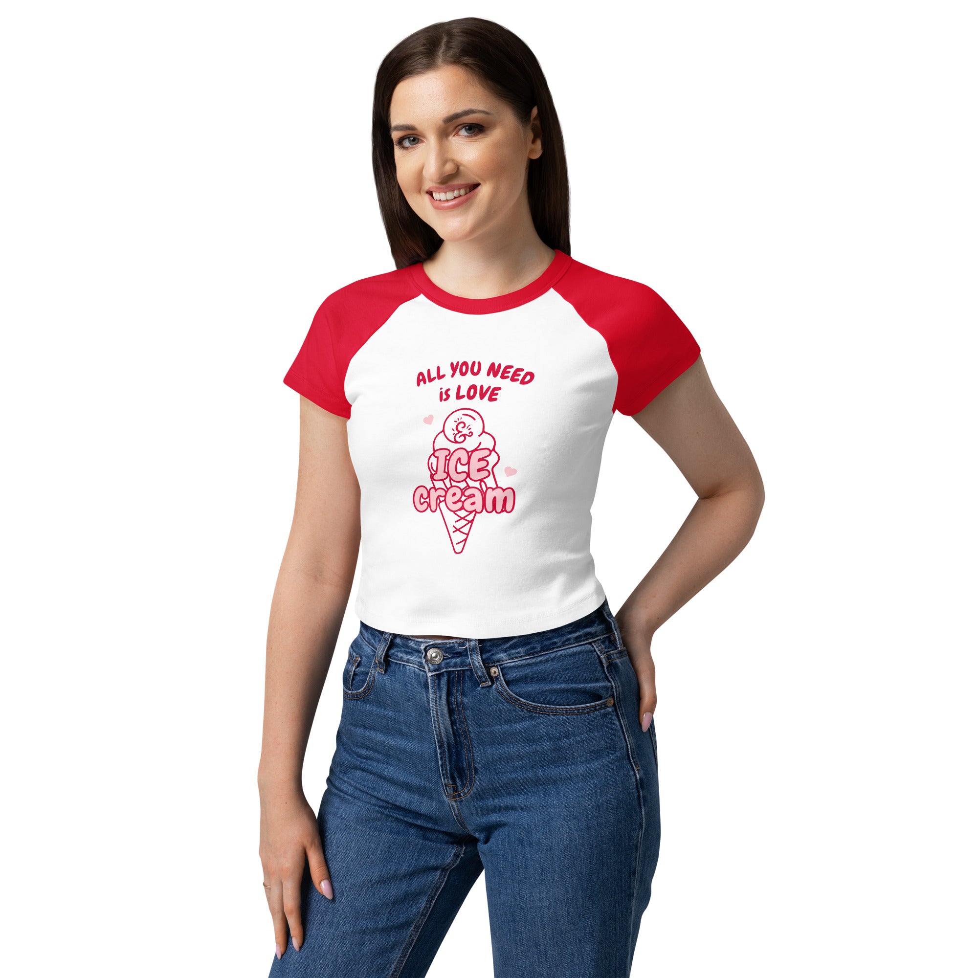 Woman wearing a white and red t-shirt with a graphic and text on a white background