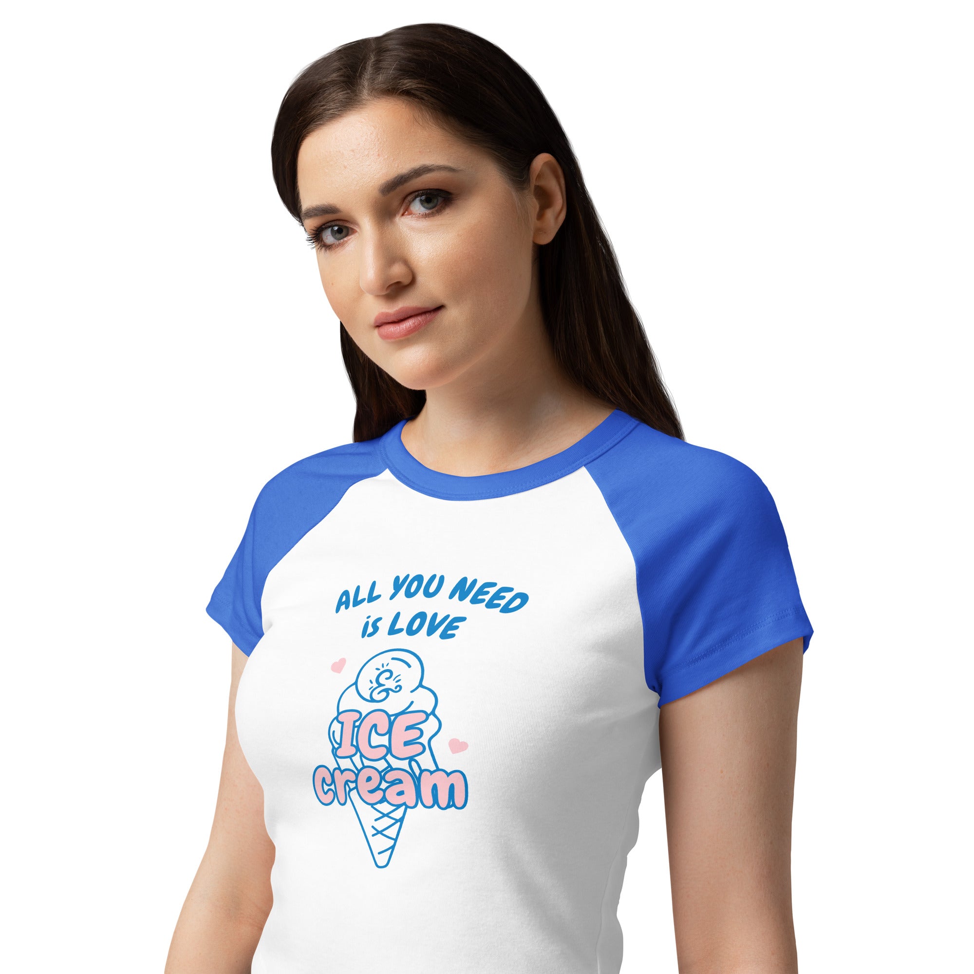 Woman wearing a white and blue t-shirt with an ice cream cone graphic and text.